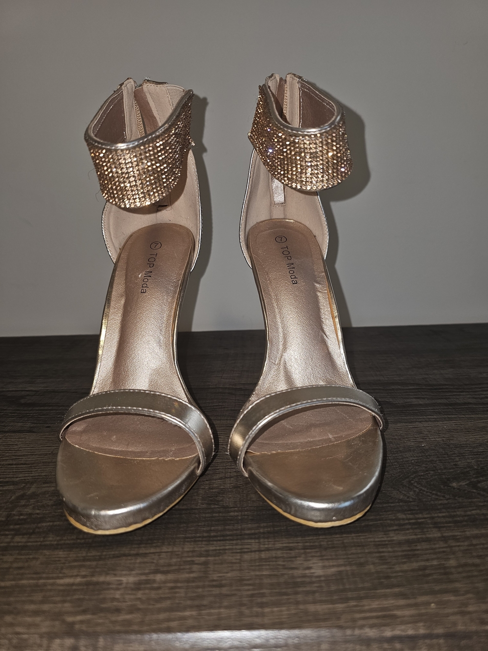 Worn Once - Like New - TOP Moda Metallic Rose Gold Rhinestone Ankle-Strap Heels